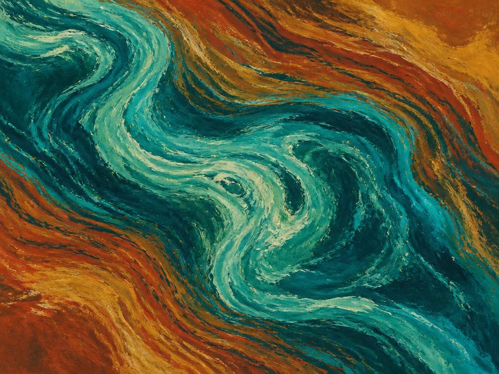 Abstract painting of a rushing teal current cutting through rust bands