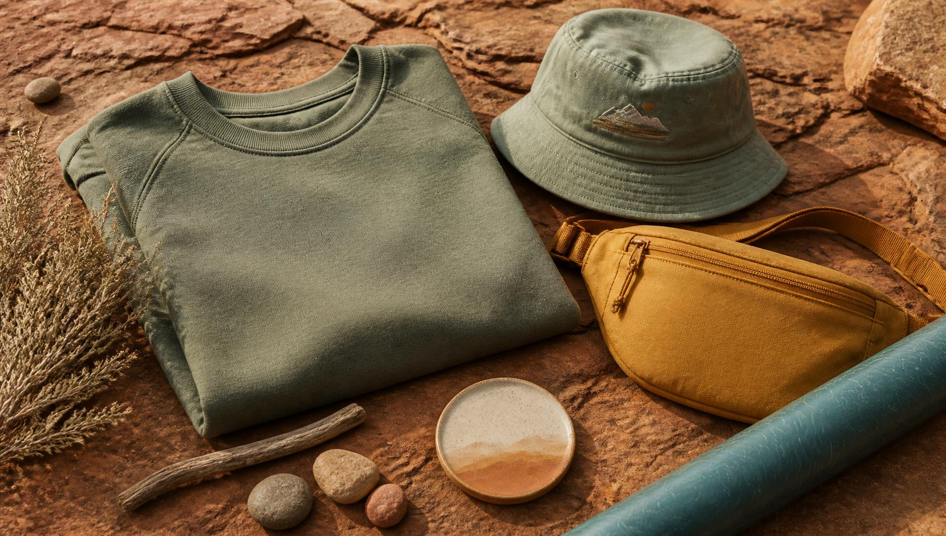 Sandstone & Stick merchandise arranged on a warm desert stone surface
